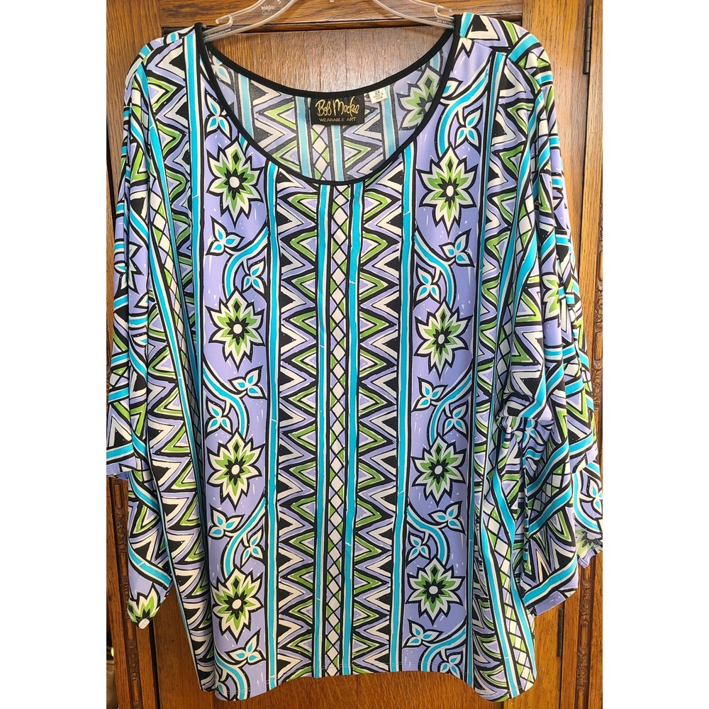 Bob Mackie Wearable Art Tunic Top Womens 2X Purple Green Floral Geometric Print